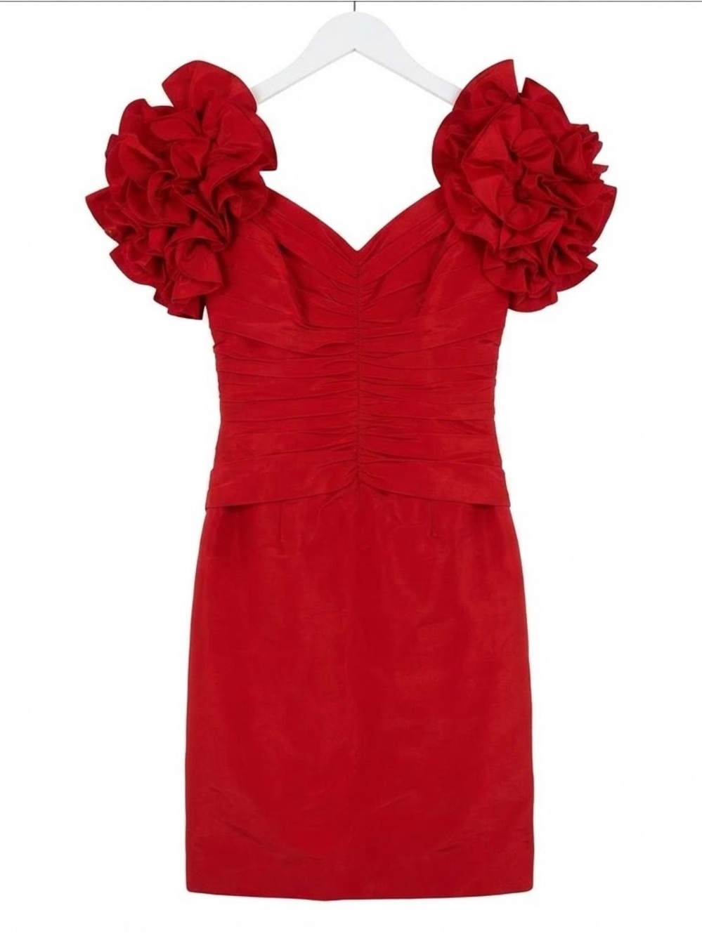 Vintage 80s Tadashi Red Ruffle Puff Sleeve Cocktail Dress Size 8 / Fits Like S